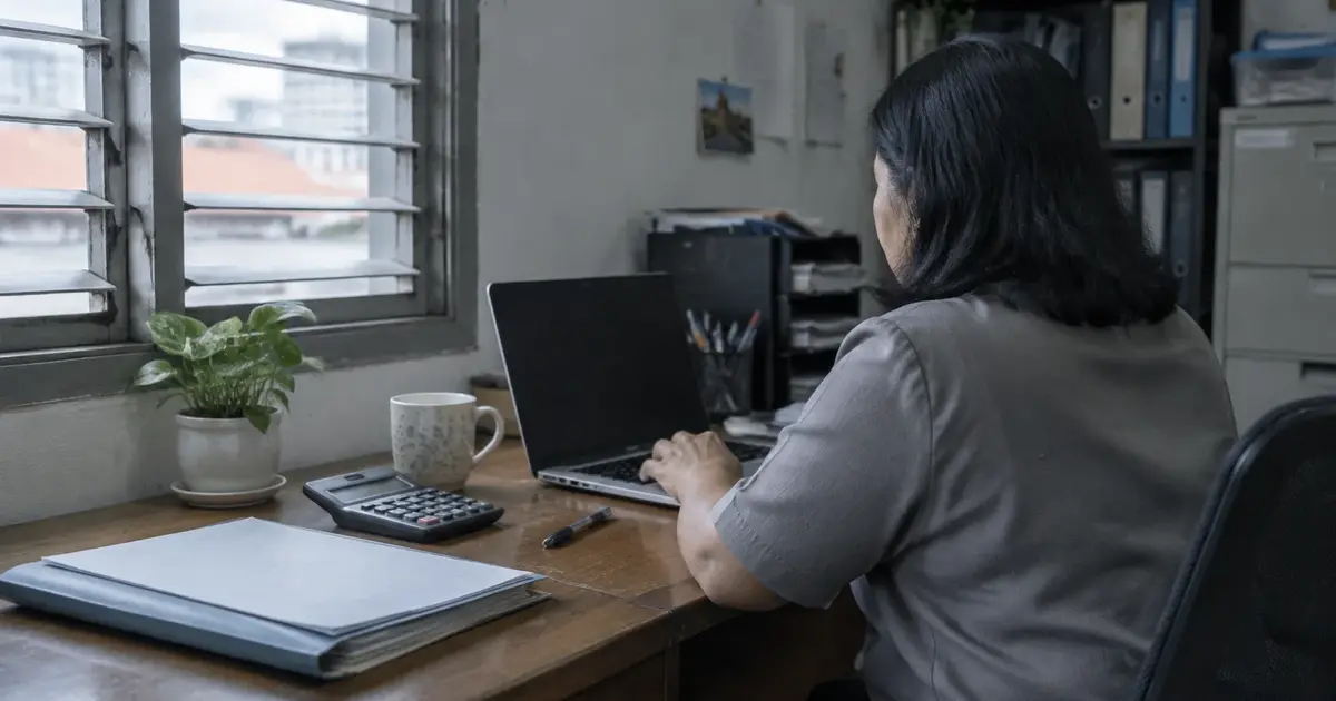 Small-business owner in a Singapore shophouse office working out hosting costs on a laptop